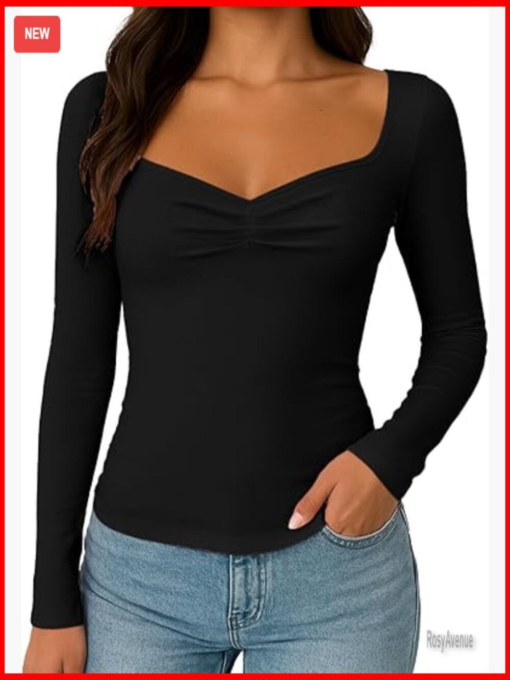 Long Sleeve Sweetheart Neck Ribbed T-Shirt Slim Fit Y2K Top